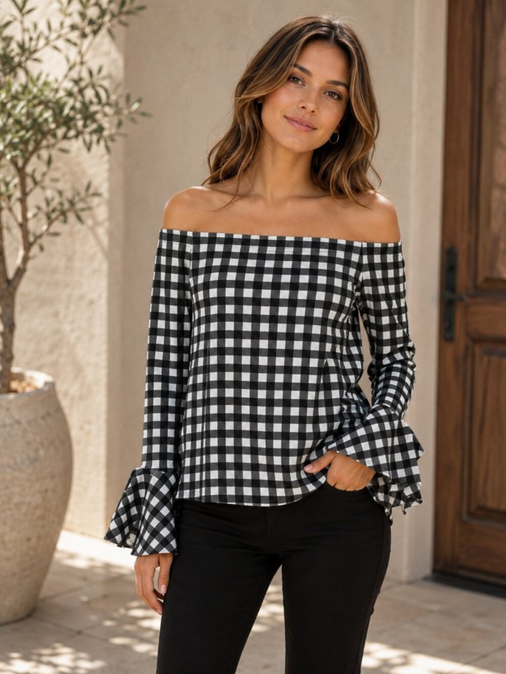 Black & White Gingham Off-the-Shoulder Top
